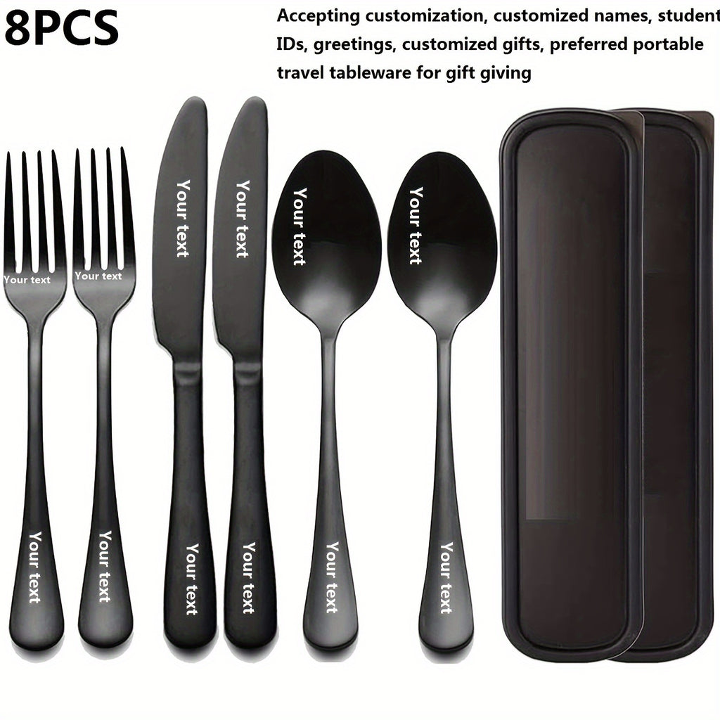 Personalized stainless steel tableware set, customized engraved names, reusable tableware sets for blessings, birthdays, black and Golden, travel silverware set, suitable for home offices, schools, camping