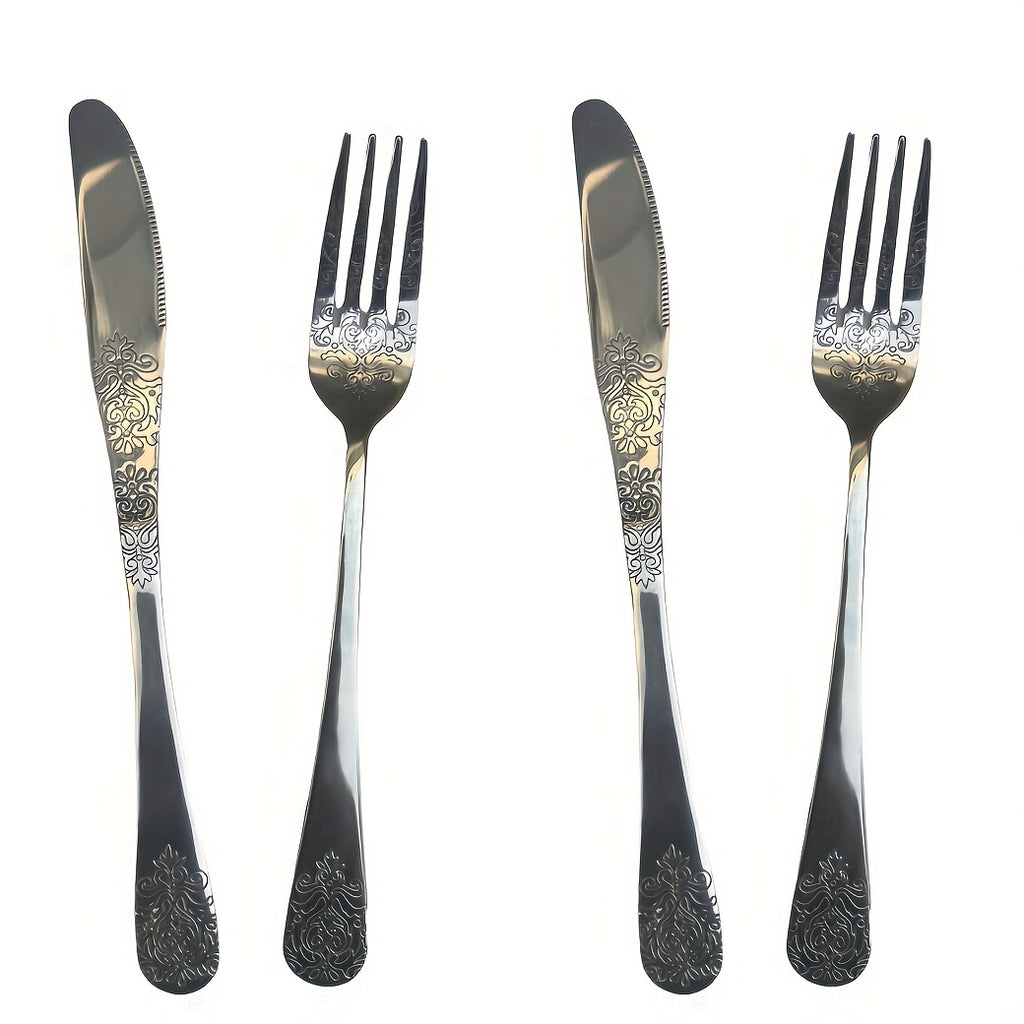 Unique Carved Pattern Design Tableware Set, Stainless Steel Kitchen Utensil Set, Includes Steak Knife and Fork, Dishwasher Safe, Wedding and Housewarming Gift Set!