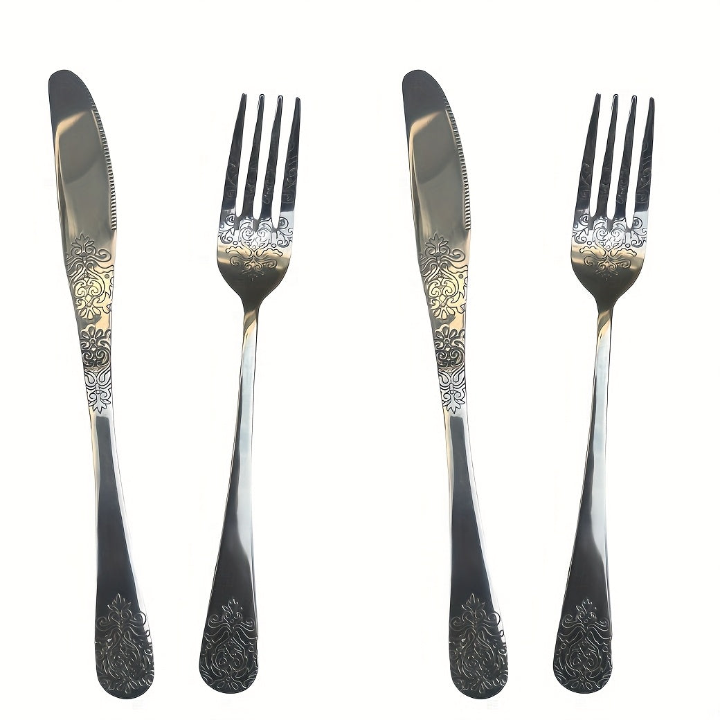 Unique Carved Pattern Design Tableware Set, Stainless Steel Kitchen Utensil Set, Includes Steak Knife and Fork, Dishwasher Safe, Wedding and Housewarming Gift Set!