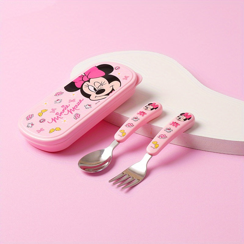 [Disney Kawaii Tableware Set] Disney 2pcs Mickey & Minnie Mouse Stainless Steel Fork and Spoon Set | Reusable Kawaii Cartoon Character Tableware with Case - Ideal for Home, School, Camping, Party Supplies, No Battery Needed, Featherless