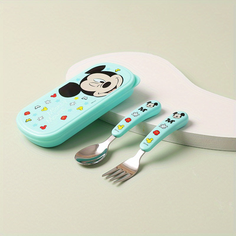 [Disney Kawaii Tableware Set] Disney 2pcs Mickey & Minnie Mouse Stainless Steel Fork and Spoon Set | Reusable Kawaii Cartoon Character Tableware with Case - Ideal for Home, School, Camping, Party Supplies, No Battery Needed, Featherless