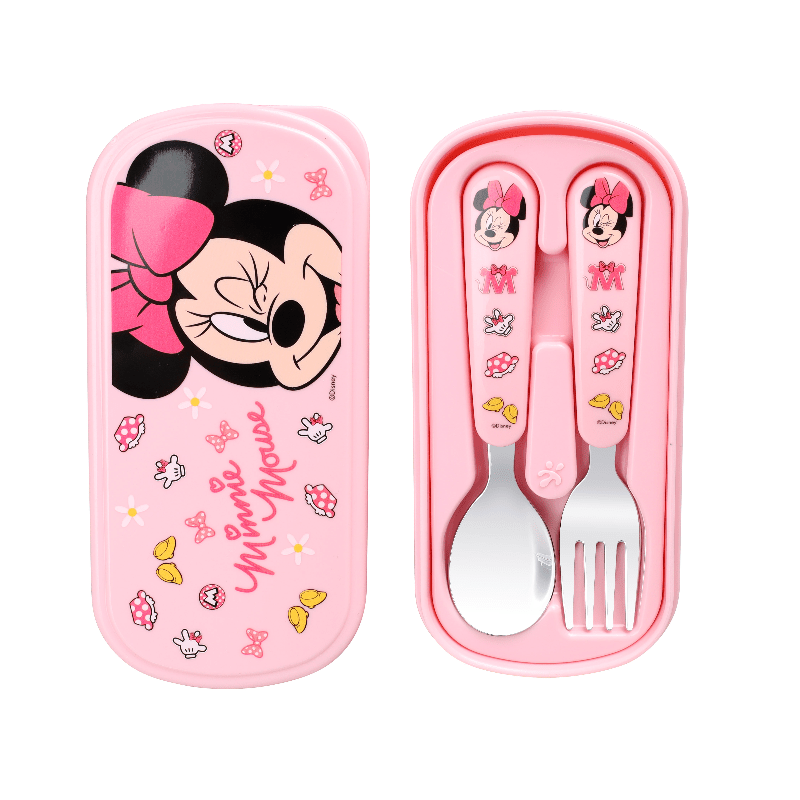 [Disney Kawaii Tableware Set] Disney 2pcs Mickey & Minnie Mouse Stainless Steel Fork and Spoon Set | Reusable Kawaii Cartoon Character Tableware with Case - Ideal for Home, School, Camping, Party Supplies, No Battery Needed, Featherless