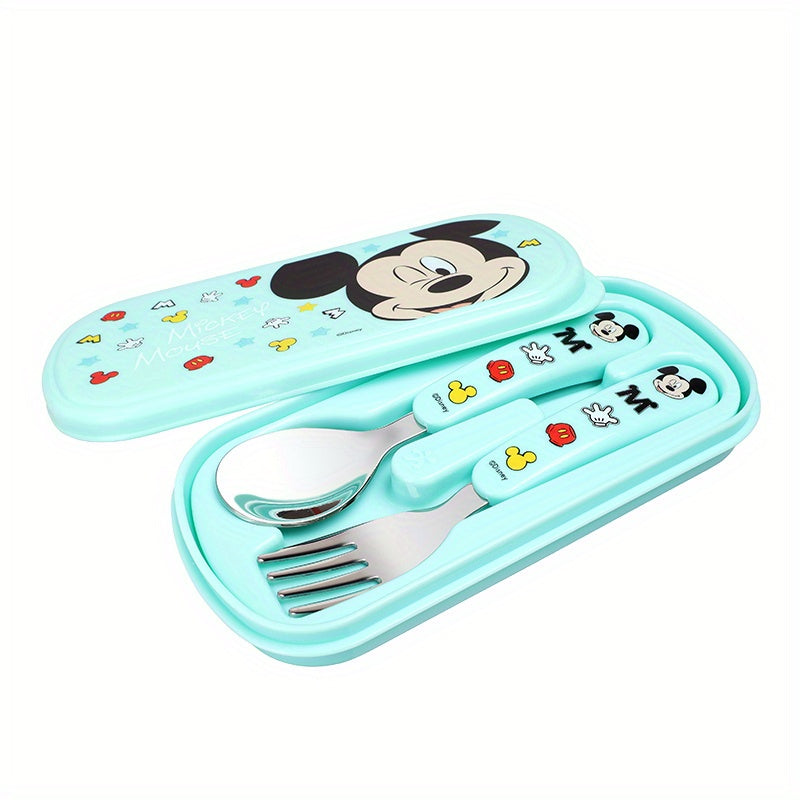 [Disney Kawaii Tableware Set] Disney 2pcs Mickey & Minnie Mouse Stainless Steel Fork and Spoon Set | Reusable Kawaii Cartoon Character Tableware with Case - Ideal for Home, School, Camping, Party Supplies, No Battery Needed, Featherless