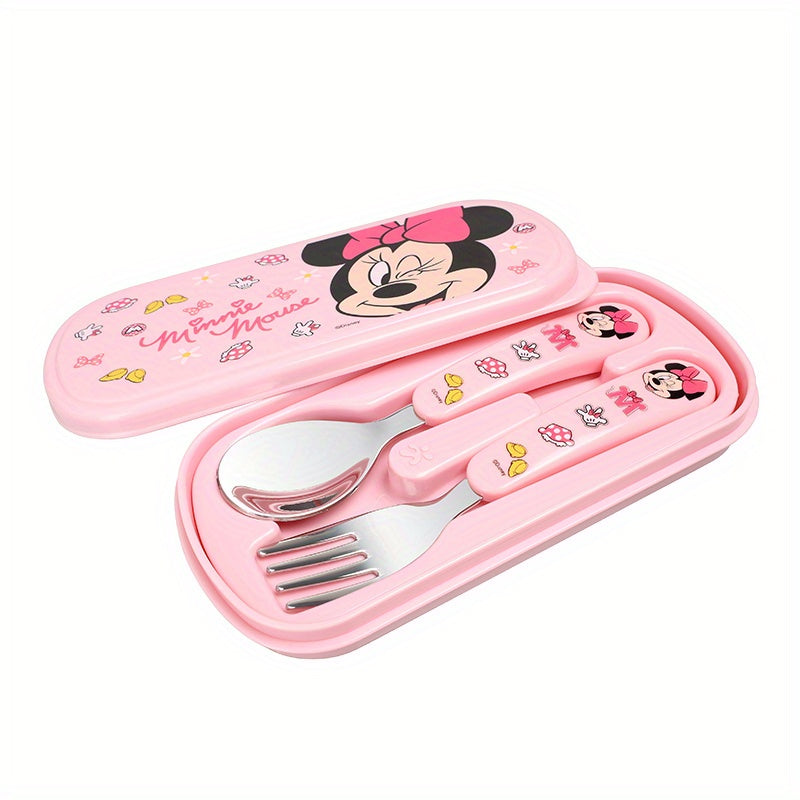 [Disney Kawaii Tableware Set] Disney 2pcs Mickey & Minnie Mouse Stainless Steel Fork and Spoon Set | Reusable Kawaii Cartoon Character Tableware with Case - Ideal for Home, School, Camping, Party Supplies, No Battery Needed, Featherless