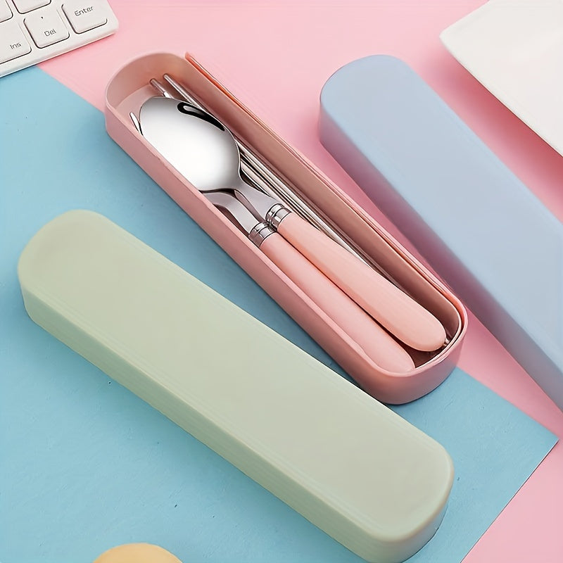 1 Set Stainless Steel Cutlery Set with Chopsticks, Forks, Spoons - Heavy-Duty 304 Stainless Steel, Polished Glossy Surface, Pastel Pink/White/Blue/Green/Beige, Compact Portable Tableware with Storage Case for Camping, Picnic, Travel, Everyday Use - Ideal