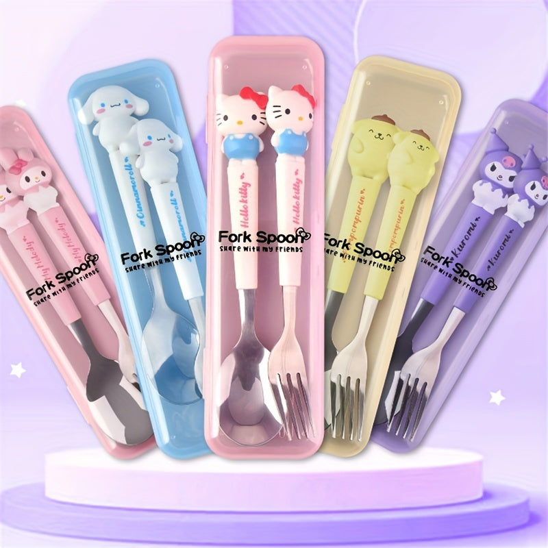 A Sanrio Tableware Set Featuring a Hello Kitty Cartoon Fork And Spoon, Packaged in a Box, Perfect for Families, Dorms, Camping, And Picnics with Its Adorable Design.