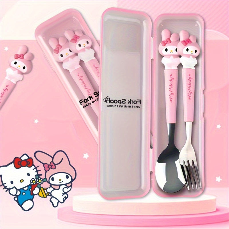 A Sanrio Tableware Set Featuring a Hello Kitty Cartoon Fork And Spoon, Packaged in a Box, Perfect for Families, Dorms, Camping, And Picnics with Its Adorable Design.
