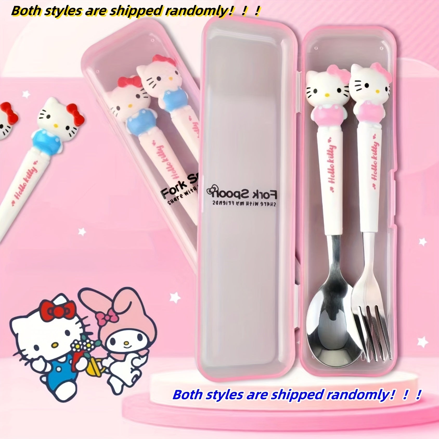 A Sanrio Tableware Set Featuring a Hello Kitty Cartoon Fork And Spoon, Packaged in a Box, Perfect for Families, Dorms, Camping, And Picnics with Its Adorable Design.