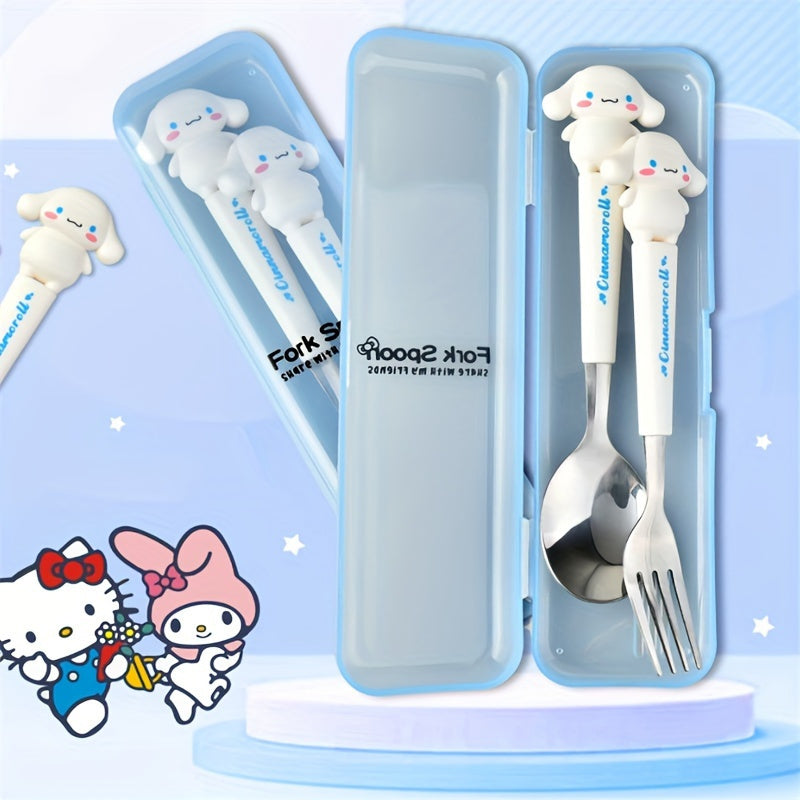 A Sanrio Tableware Set Featuring a Hello Kitty Cartoon Fork And Spoon, Packaged in a Box, Perfect for Families, Dorms, Camping, And Picnics with Its Adorable Design.