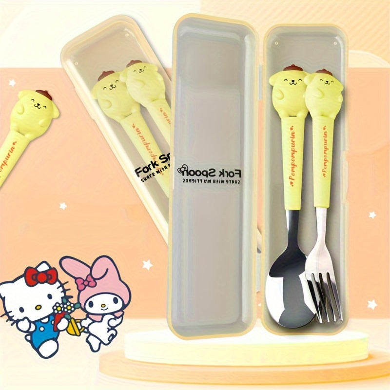 A Sanrio Tableware Set Featuring a Hello Kitty Cartoon Fork And Spoon, Packaged in a Box, Perfect for Families, Dorms, Camping, And Picnics with Its Adorable Design.