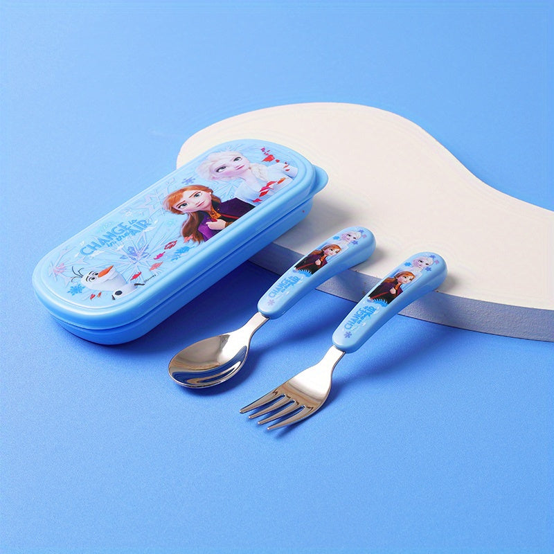 [2pcs Elsa Fork Spoon Set] 2pcs/set Stainless Steel Elsa Fork and Spoon Set with Box | Cute Cartoon Anna Portable Reusable Tableware | Kawaii Home, Outdoor, School, Camping Accessories | Christmas Birthday Gift