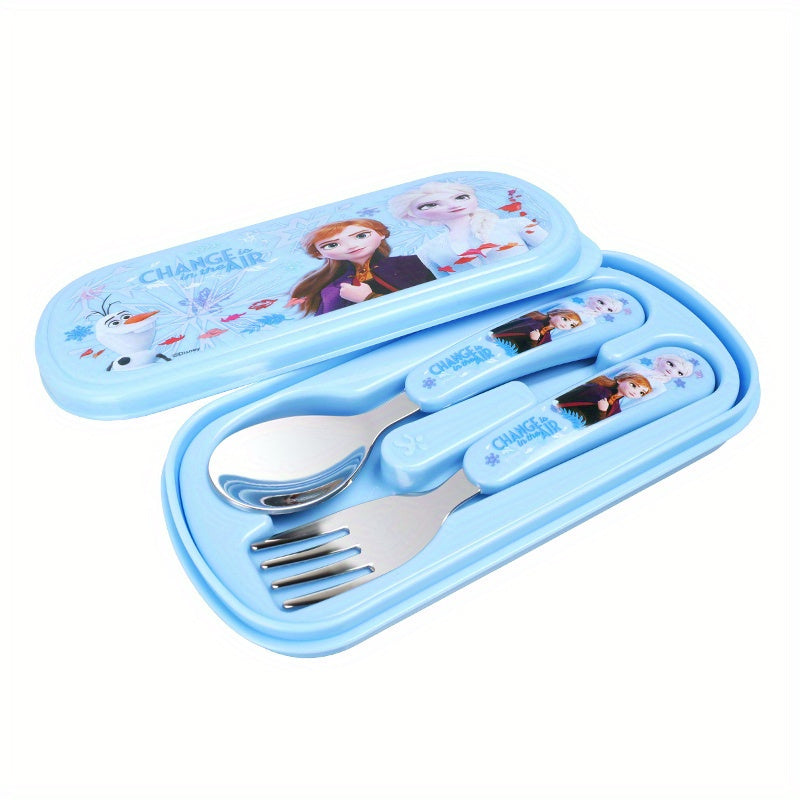 [2pcs Elsa Fork Spoon Set] 2pcs/set Stainless Steel Elsa Fork and Spoon Set with Box | Cute Cartoon Anna Portable Reusable Tableware | Kawaii Home, Outdoor, School, Camping Accessories | Christmas Birthday Gift