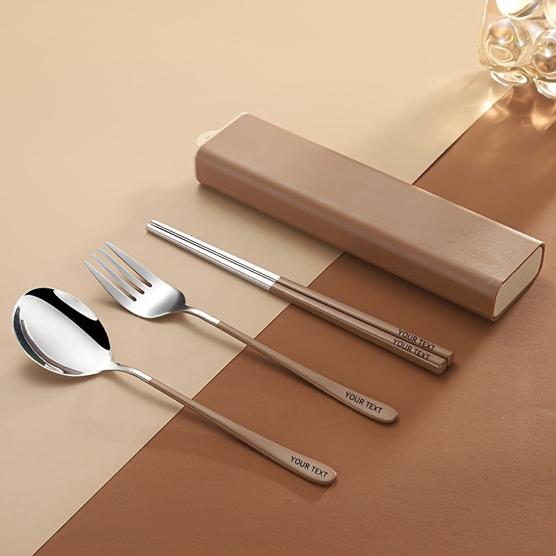 [Customizable Cutlery Box] Customizable Stainless Steel Cutlery Box with Handle | Personalized Text, Includes Forks, Spoons, Chopsticks & Cute Storage Box - Ideal for Picnics, Parties, Travel & Outdoor Dining, Party Essentials, Durable Construction