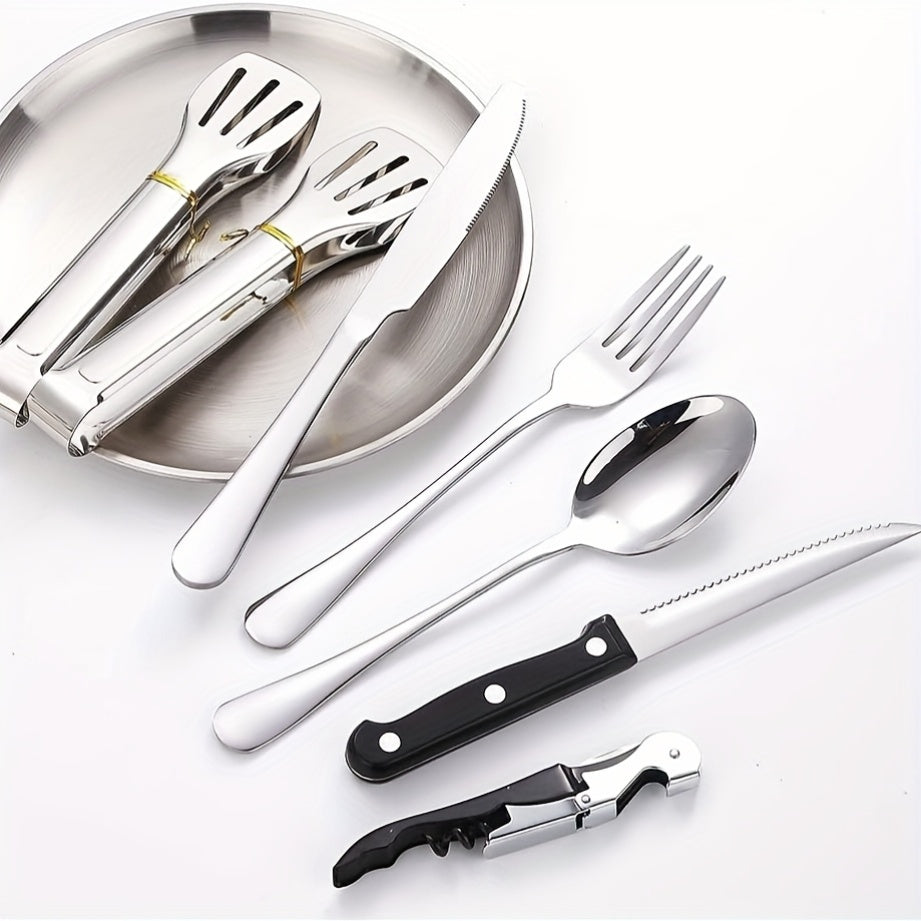 27pcs Portable Durable Outdoor Picnic Tool Set, Stainless Steel High-Quality Tableware with Dinner Knife, Forks, Plates, Soup Spoon, Coffee Spoon, Chopsticks Tablecloth, Straw Set, Bottle Opener, Cleaning Cloth Clips and Storage Bag, Reusable, Dishwasher