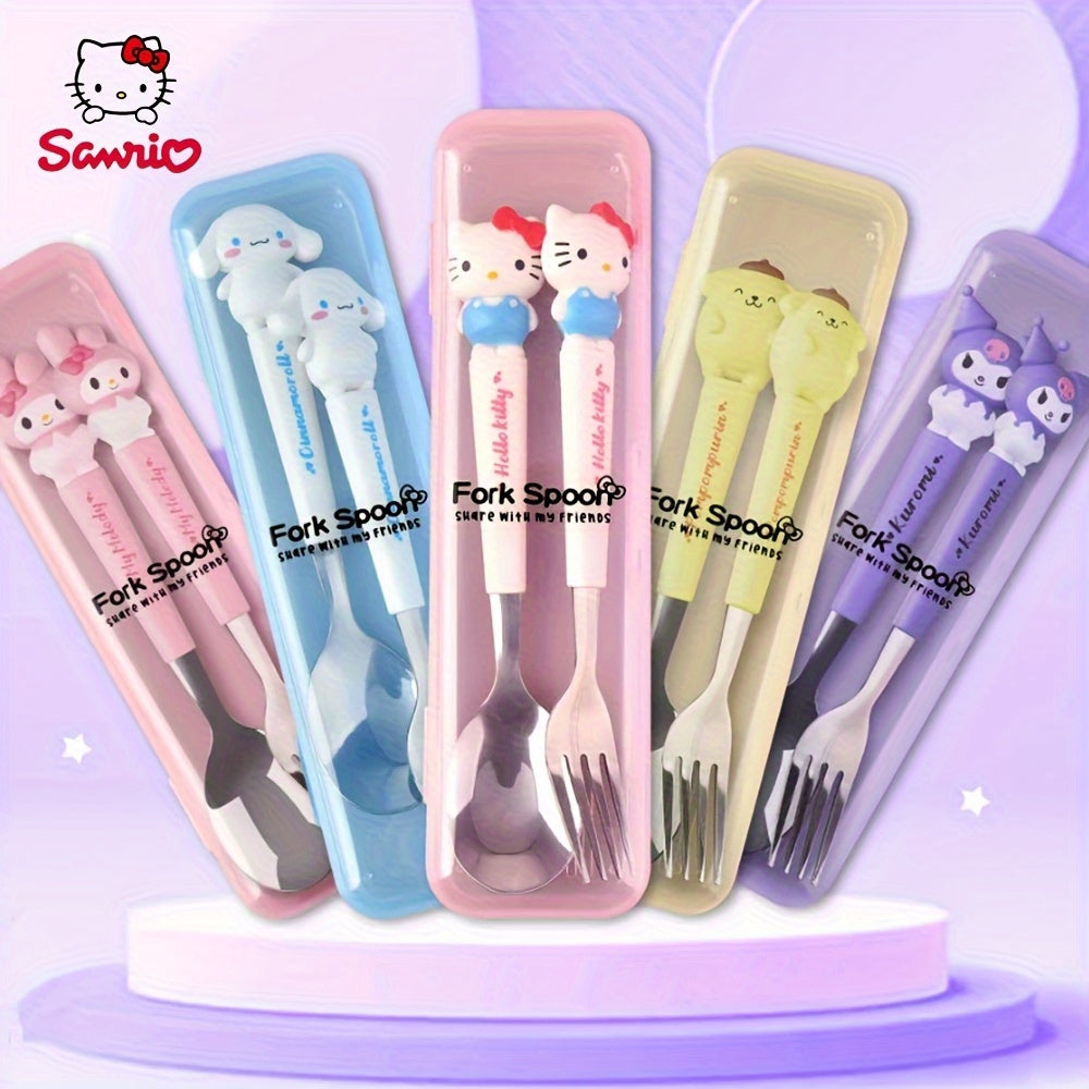 () Sanrio Hello Kitty, My Melody, Pompompurin, Cinnamoroll Stainless Steel Cutlery Set, 2pcs Flatware Set, Polished Surface, Cute Cartoon Spoon and Fork Set, Suitable for Travel and Home Use