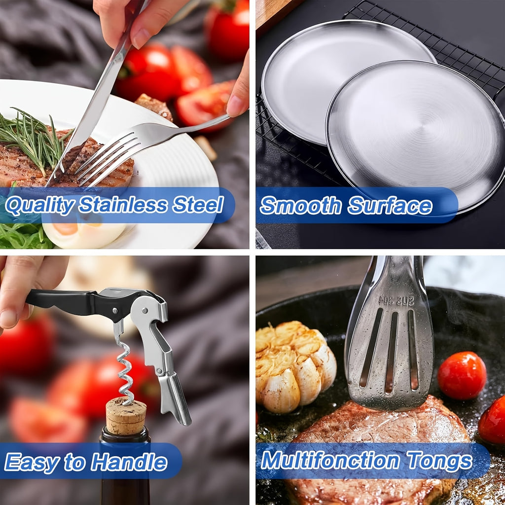 27pcs Portable Durable Outdoor Picnic Tool Set, Stainless Steel High-Quality Tableware with Dinner Knife, Forks, Plates, Soup Spoon, Coffee Spoon, Chopsticks Tablecloth, Straw Set, Bottle Opener, Cleaning Cloth Clips and Storage Bag, Reusable, Dishwasher