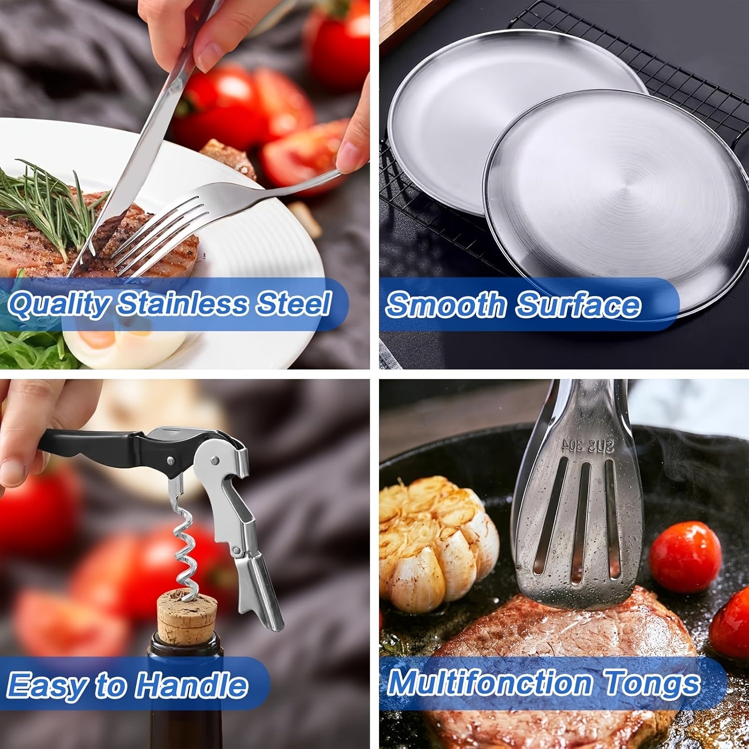 27pcs Portable Durable Outdoor Picnic Tool Set, Stainless Steel High-Quality Tableware with Dinner Knife, Forks, Plates, Soup Spoon, Coffee Spoon, Chopsticks Tablecloth, Straw Set, Bottle Opener, Cleaning Cloth Clips and Storage Bag, Reusable, Dishwasher