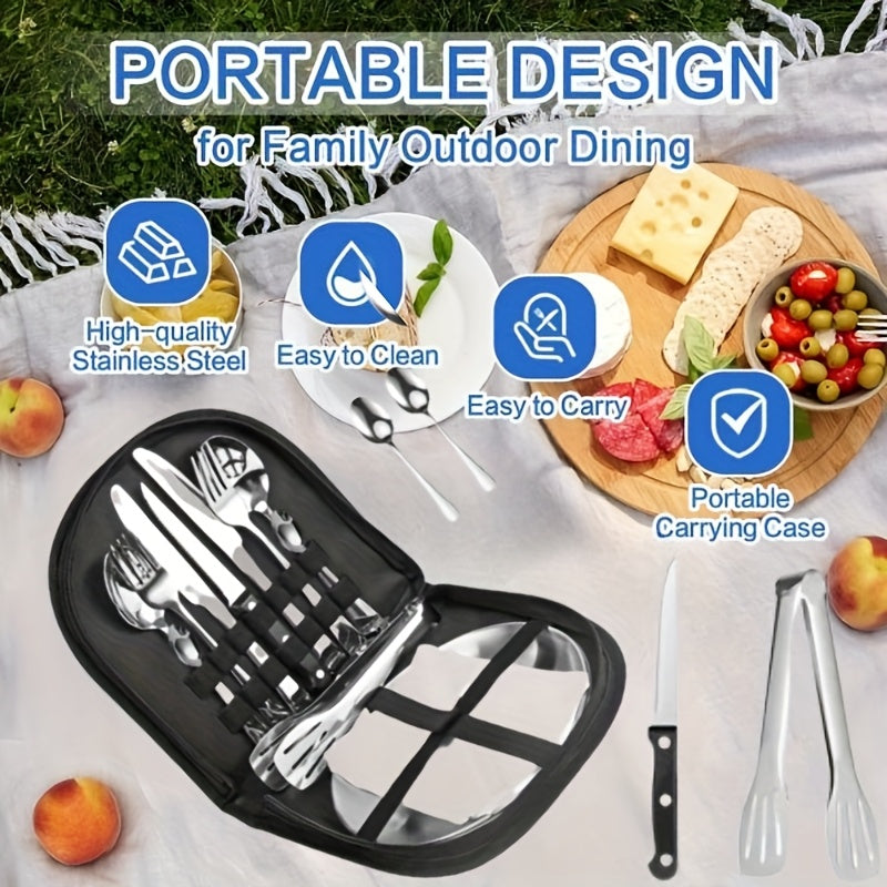 27pcs Portable Durable Outdoor Picnic Tool Set, Stainless Steel High-Quality Tableware with Dinner Knife, Forks, Plates, Soup Spoon, Coffee Spoon, Chopsticks Tablecloth, Straw Set, Bottle Opener, Cleaning Cloth Clips and Storage Bag, Reusable, Dishwasher
