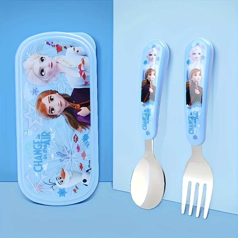 [2pcs Elsa Fork Spoon Set] 2pcs/set Stainless Steel Elsa Fork and Spoon Set with Box | Cute Cartoon Anna Portable Reusable Tableware | Kawaii Home, Outdoor, School, Camping Accessories | Christmas Birthday Gift