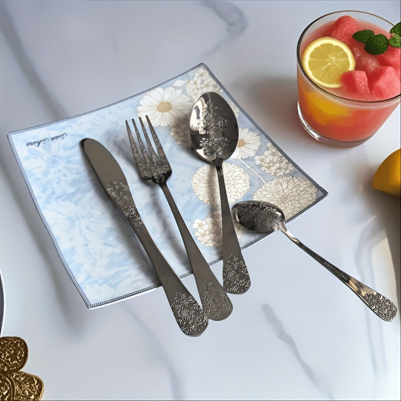 Unique Carved Pattern Design Tableware Set, Stainless Steel Kitchen Utensil Set, Includes Steak Knife and Fork, Dishwasher Safe, Wedding and Housewarming Gift Set!