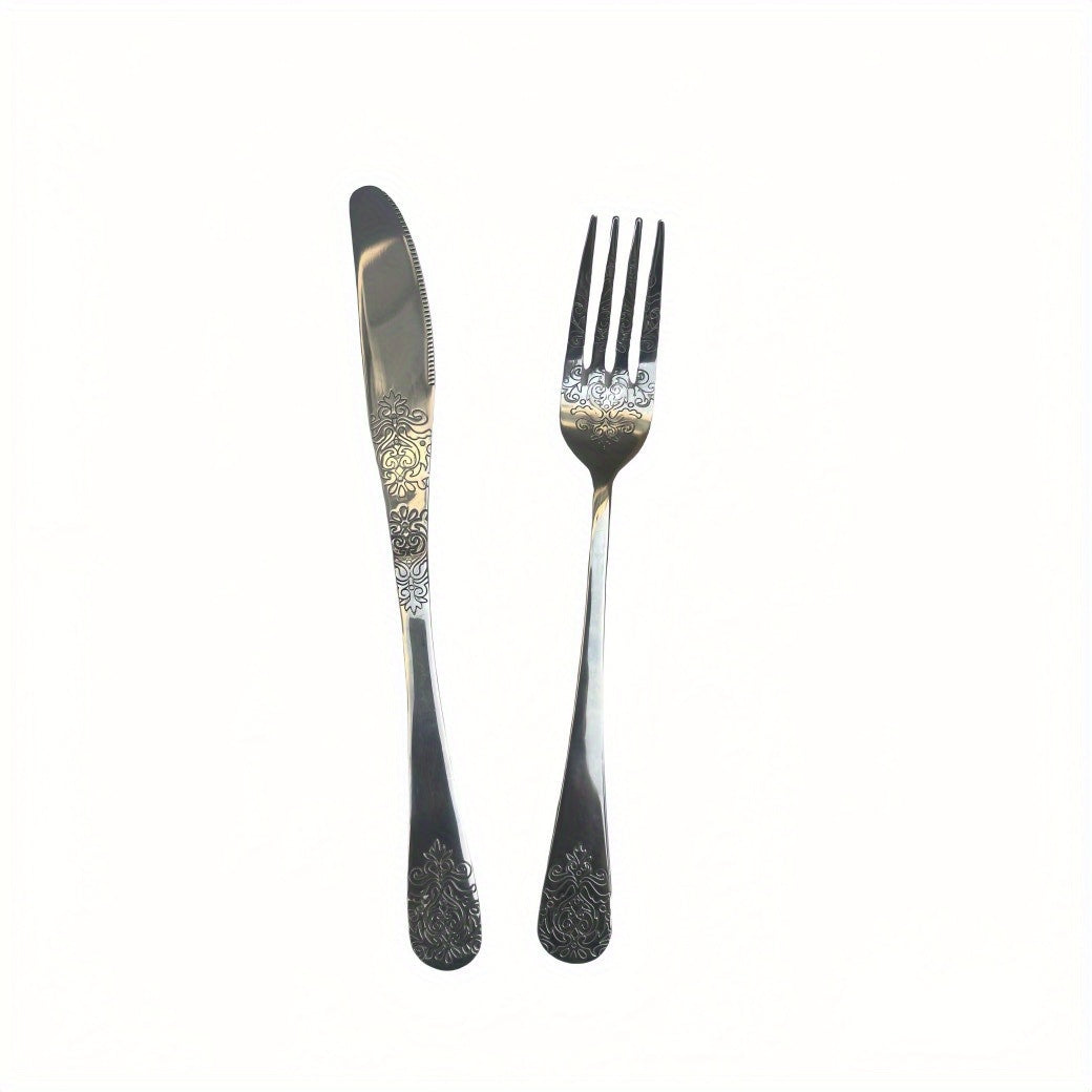 Unique Carved Pattern Design Tableware Set, Stainless Steel Kitchen Utensil Set, Includes Steak Knife and Fork, Dishwasher Safe, Wedding and Housewarming Gift Set!