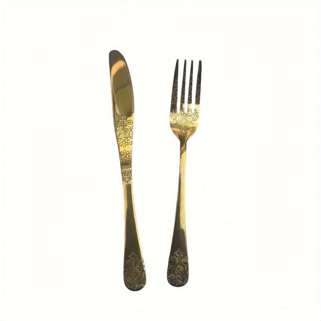 Unique Carved Pattern Design Tableware Set, Stainless Steel Kitchen Utensil Set, Includes Steak Knife and Fork, Dishwasher Safe, Wedding and Housewarming Gift Set!