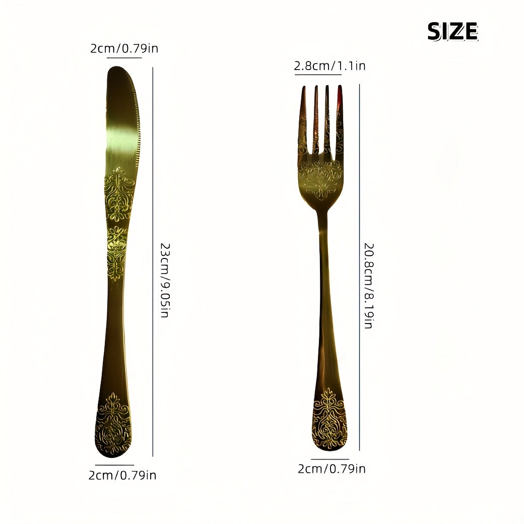 Unique Carved Pattern Design Tableware Set, Stainless Steel Kitchen Utensil Set, Includes Steak Knife and Fork, Dishwasher Safe, Wedding and Housewarming Gift Set!