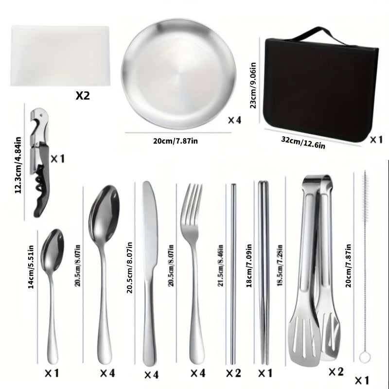 27pcs Portable Durable Outdoor Picnic Tool Set, Stainless Steel High-Quality Tableware with Dinner Knife, Forks, Plates, Soup Spoon, Coffee Spoon, Chopsticks Tablecloth, Straw Set, Bottle Opener, Cleaning Cloth Clips and Storage Bag, Reusable, Dishwasher