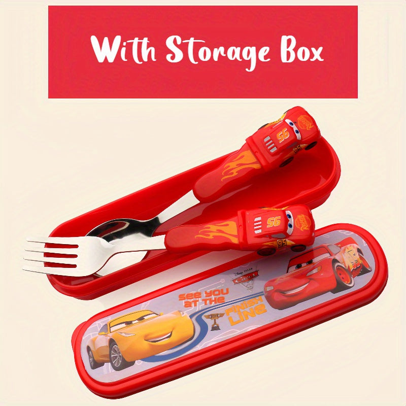 2pcs Frozen Elsa & Cars McQueen Fork & Spoon Set, Creative Reusable Dinnerware Set with Red Handles, Ideal for Home, Office, Kitchen, Camping, Birthday, Christmas, Halloween Gift