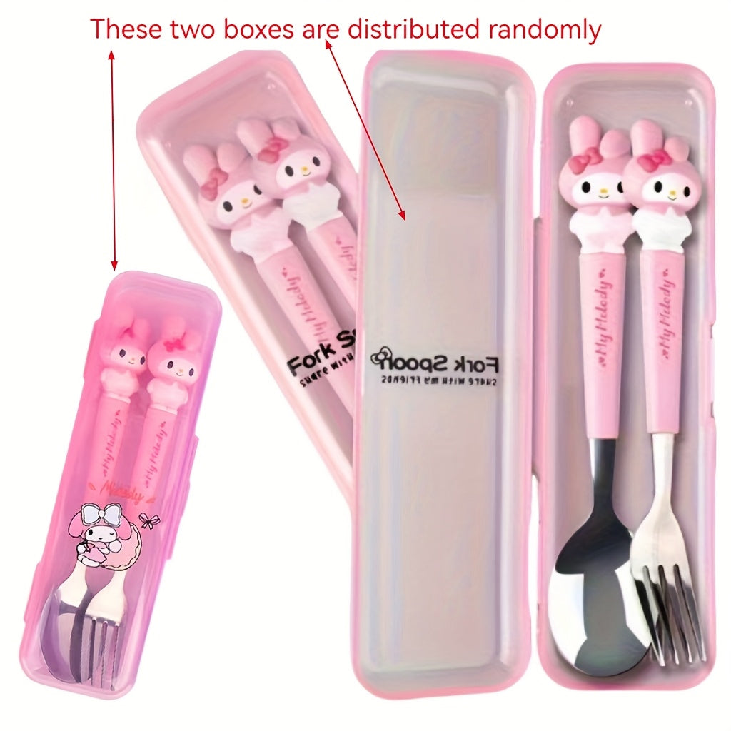 A Sanrio Tableware Set Featuring a Hello Kitty Cartoon Fork And Spoon, Packaged in a Box, Perfect for Families, Dorms, Camping, And Picnics with Its Adorable Design.