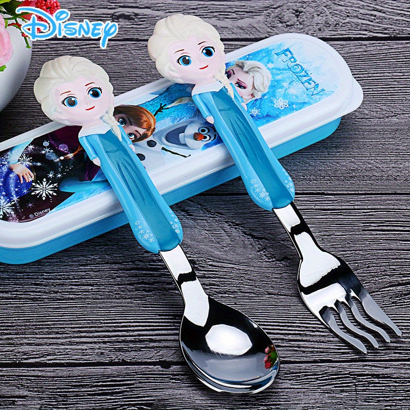 2pcs Frozen Elsa & Cars McQueen Fork & Spoon Set, Creative Reusable Dinnerware Set with Red Handles, Ideal for Home, Office, Kitchen, Camping, Birthday, Christmas, Halloween Gift