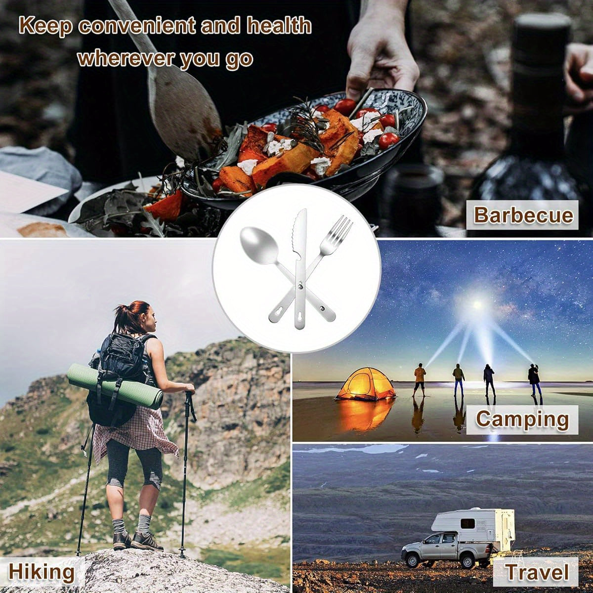 4- in- 1 Camping Utensils 3- Pack, Portable Stainless Steel Spoon, Fork, Knife & Bottle Opener Combo Set, Travel/ Camping/ Hiking/ Picnic/ Barbecue/ Outdoor Backpacking Utensils with Carrying Bag, Camping Accessories And Equipment, Cutlery Camping, Picnic