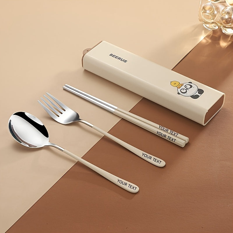 [Customizable Cutlery Box] Customizable Stainless Steel Cutlery Box with Handle | Personalized Text, Includes Forks, Spoons, Chopsticks & Cute Storage Box - Ideal for Picnics, Parties, Travel & Outdoor Dining, Party Essentials, Durable Construction