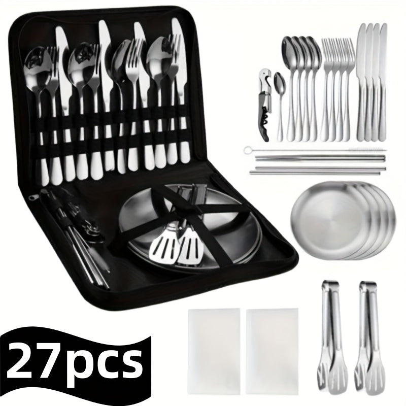 27pcs Portable Durable Outdoor Picnic Tool Set, Stainless Steel High-Quality Tableware with Dinner Knife, Forks, Plates, Soup Spoon, Coffee Spoon, Chopsticks Tablecloth, Straw Set, Bottle Opener, Cleaning Cloth Clips and Storage Bag, Reusable, Dishwasher