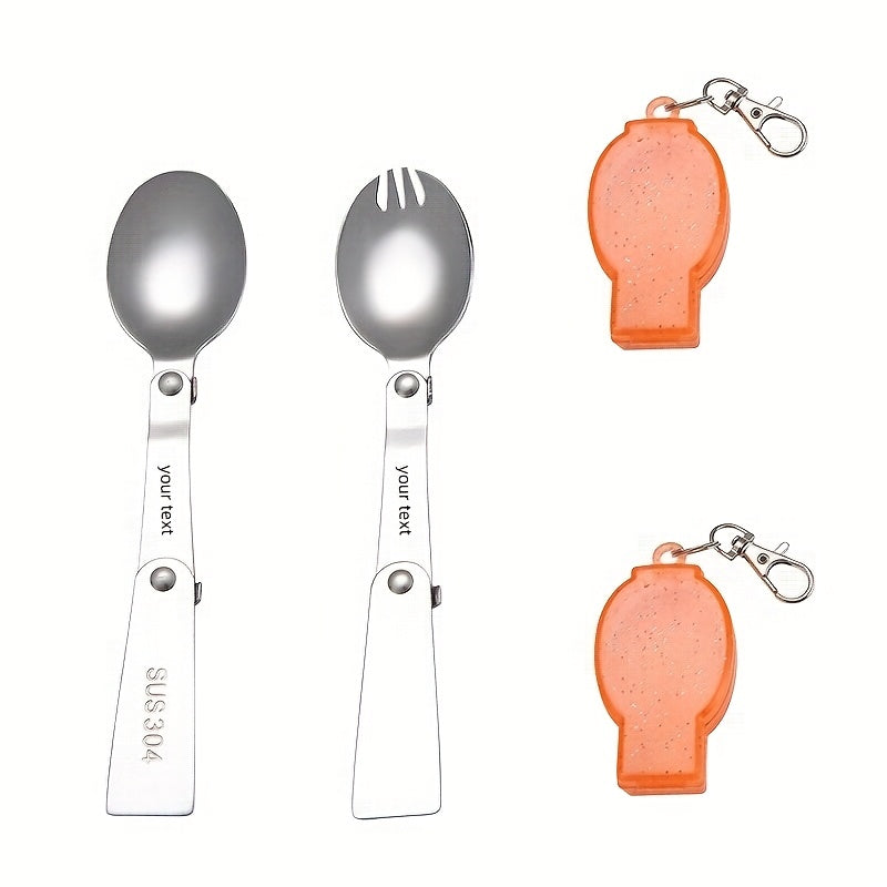 Personalized 304 Stainless Steel Folding Tableware with Keychain - Compact, Portable Fork and Spoon Set, Reusable, Ideal for Outdoor, Camping, Picnic - Blue, Pink, Orange, Camping Essentials|Compact Tableware|Durable Tableware