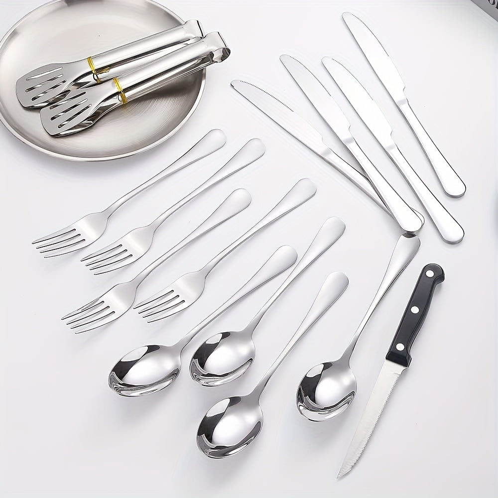 27pcs Portable Durable Outdoor Picnic Tool Set, Stainless Steel High-Quality Tableware with Dinner Knife, Forks, Plates, Soup Spoon, Coffee Spoon, Chopsticks Tablecloth, Straw Set, Bottle Opener, Cleaning Cloth Clips and Storage Bag, Reusable, Dishwasher