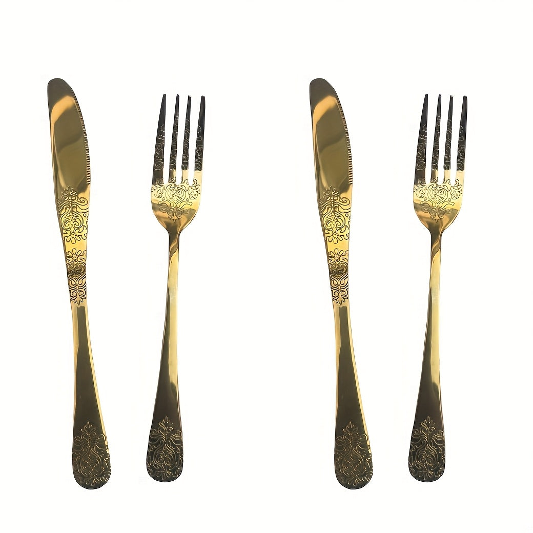 Unique Carved Pattern Design Tableware Set, Stainless Steel Kitchen Utensil Set, Includes Steak Knife and Fork, Dishwasher Safe, Wedding and Housewarming Gift Set!