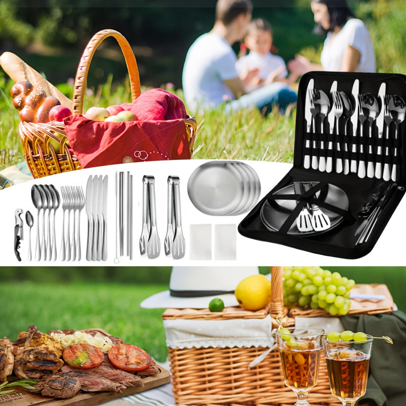 27pcs Portable Durable Outdoor Picnic Tool Set, Stainless Steel High-Quality Tableware with Dinner Knife, Forks, Plates, Soup Spoon, Coffee Spoon, Chopsticks Tablecloth, Straw Set, Bottle Opener, Cleaning Cloth Clips and Storage Bag, Reusable, Dishwasher