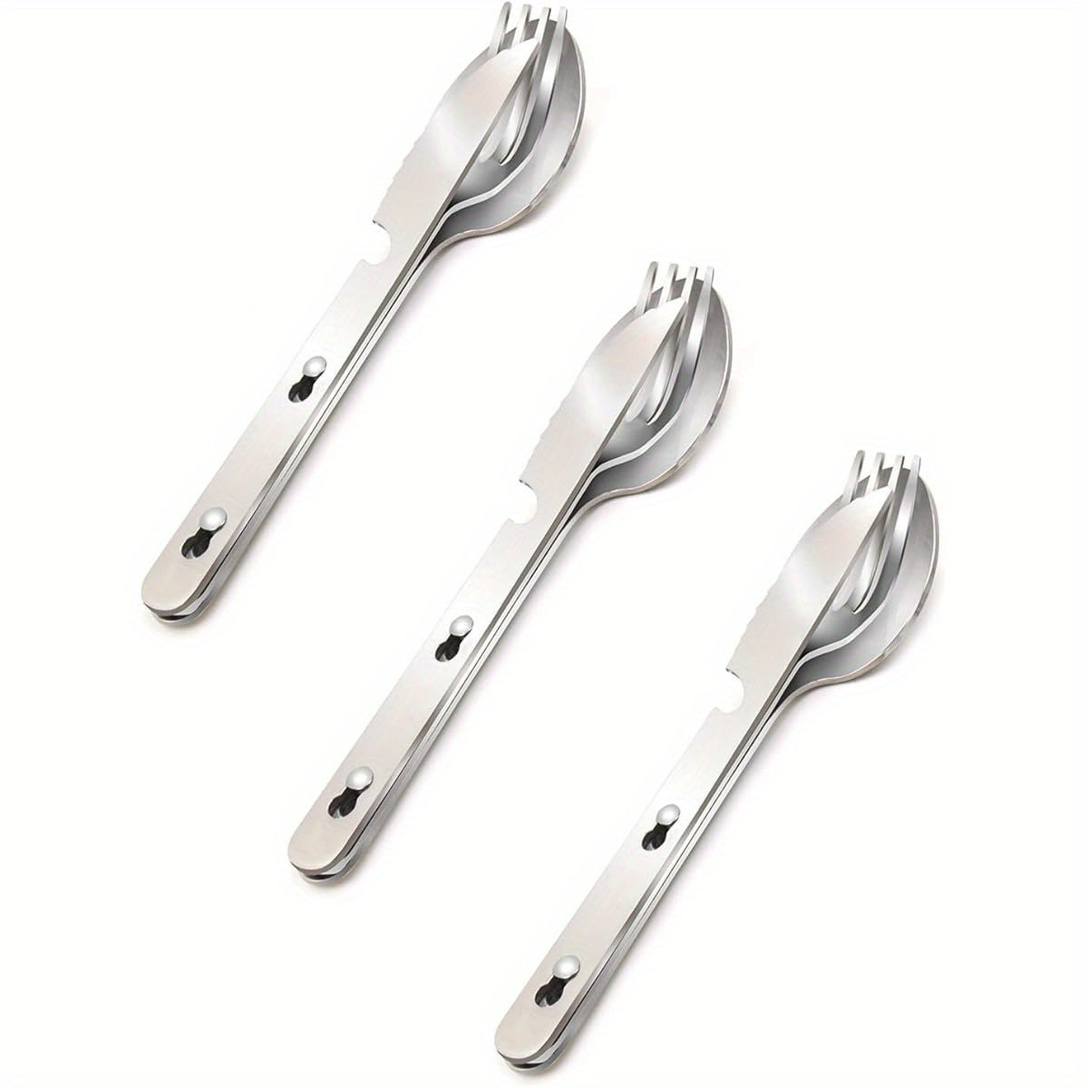 4- in- 1 Camping Utensils 3- Pack, Portable Stainless Steel Spoon, Fork, Knife & Bottle Opener Combo Set, Travel/ Camping/ Hiking/ Picnic/ Barbecue/ Outdoor Backpacking Utensils with Carrying Bag, Camping Accessories And Equipment, Cutlery Camping, Picnic