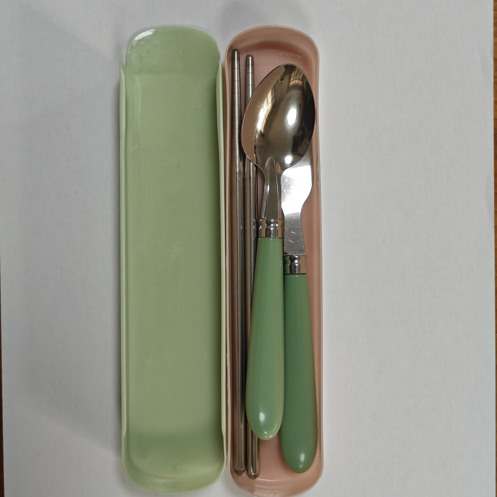 1 Set Stainless Steel Cutlery Set with Chopsticks, Forks, Spoons - Heavy-Duty 304 Stainless Steel, Polished Glossy Surface, Pastel Pink/White/Blue/Green/Beige, Compact Portable Tableware with Storage Case for Camping, Picnic, Travel, Everyday Use - Ideal