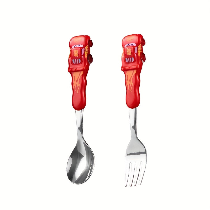 2pcs Frozen Elsa & Cars McQueen Fork & Spoon Set, Creative Reusable Dinnerware Set with Red Handles, Ideal for Home, Office, Kitchen, Camping, Birthday, Christmas, Halloween Gift