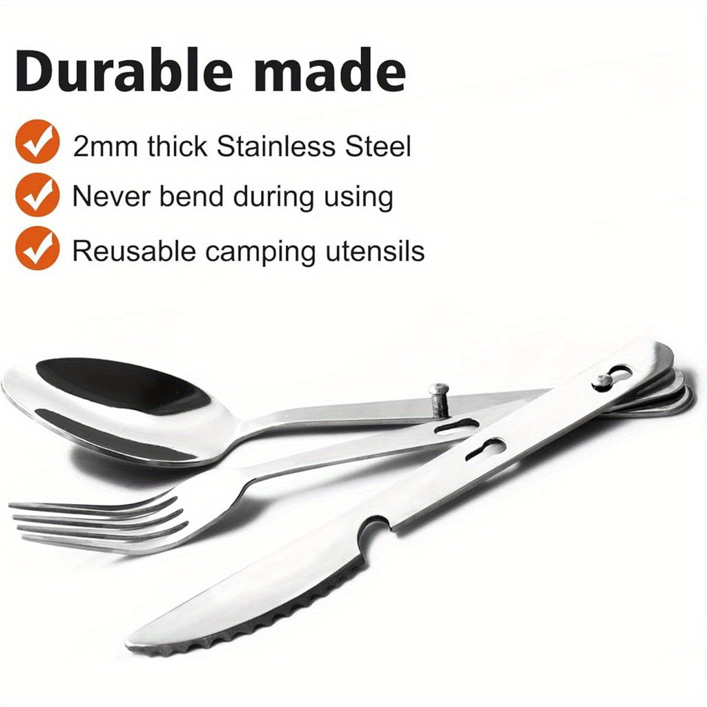 4- in- 1 Camping Utensils 3- Pack, Portable Stainless Steel Spoon, Fork, Knife & Bottle Opener Combo Set, Travel/ Camping/ Hiking/ Picnic/ Barbecue/ Outdoor Backpacking Utensils with Carrying Bag, Camping Accessories And Equipment, Cutlery Camping, Picnic