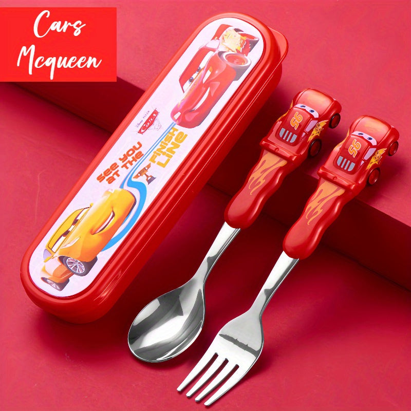 2pcs Frozen Elsa & Cars McQueen Fork & Spoon Set, Creative Reusable Dinnerware Set with Red Handles, Ideal for Home, Office, Kitchen, Camping, Birthday, Christmas, Halloween Gift