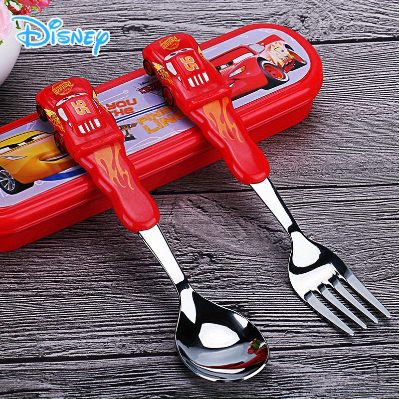 2pcs Frozen Elsa & Cars McQueen Fork & Spoon Set, Creative Reusable Dinnerware Set with Red Handles, Ideal for Home, Office, Kitchen, Camping, Birthday, Christmas, Halloween Gift
