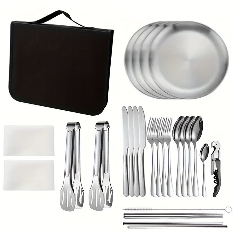 27pcs Portable Durable Outdoor Picnic Tool Set, Stainless Steel High-Quality Tableware with Dinner Knife, Forks, Plates, Soup Spoon, Coffee Spoon, Chopsticks Tablecloth, Straw Set, Bottle Opener, Cleaning Cloth Clips and Storage Bag, Reusable, Dishwasher