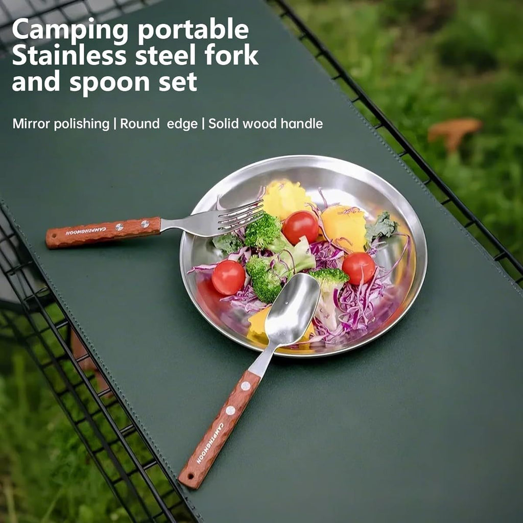 Campingmoon Stainless Steel Camping Fork and Spoon Combo 2- Pack Metal Sporks Set of 2 with Solid Wood Handle Salad Forks Spork Camping Utensil for Hiking Backpacking, Camping Accessories And Equipment, Camping Gear, Camping Dinnerware Set, Camping Kit,