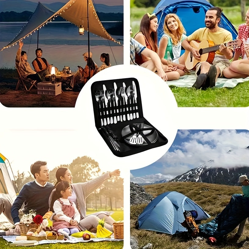 27pcs Portable Durable Outdoor Picnic Tool Set, Stainless Steel High-Quality Tableware with Dinner Knife, Forks, Plates, Soup Spoon, Coffee Spoon, Chopsticks Tablecloth, Straw Set, Bottle Opener, Cleaning Cloth Clips and Storage Bag, Reusable, Dishwasher