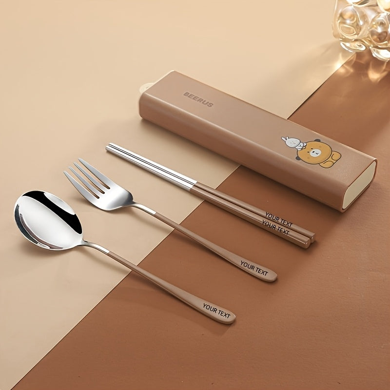[Customizable Cutlery Box] Customizable Stainless Steel Cutlery Box with Handle | Personalized Text, Includes Forks, Spoons, Chopsticks & Cute Storage Box - Ideal for Picnics, Parties, Travel & Outdoor Dining, Party Essentials, Durable Construction