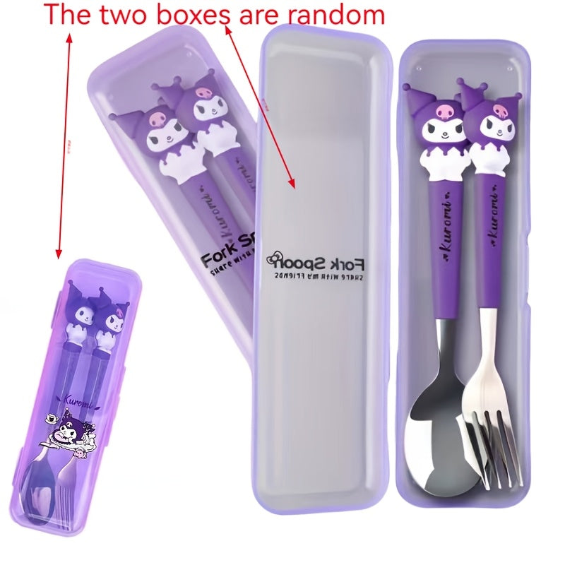 A Sanrio Tableware Set Featuring a Hello Kitty Cartoon Fork And Spoon, Packaged in a Box, Perfect for Families, Dorms, Camping, And Picnics with Its Adorable Design.