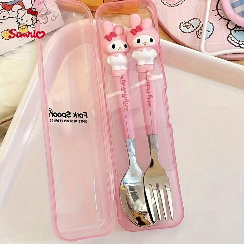 () Sanrio Hello Kitty, My Melody, Pompompurin, Cinnamoroll Stainless Steel Cutlery Set, 2pcs Flatware Set, Polished Surface, Cute Cartoon Spoon and Fork Set, Suitable for Travel and Home Use